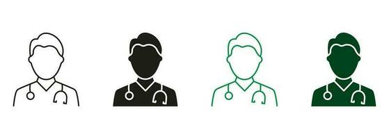 Professional Doctor with Stethoscope Line and Silhouette Icons. Male Physicians, Medic Assistant Black and Color Pictogram Set. Medical Specialist Symbol Collection. Isolated Vector Illustration.