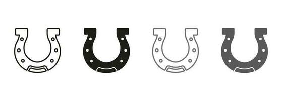 Horse Shoe, Hoof Line and Silhouette Icon Set. Good Luck in Casino, Playing Gambling Games. Jackpot Talisman. Lucky Fortune Sign. Horseshoe Symbol Collection. Isolated Vector Illustration.