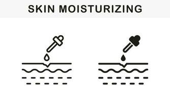 Skin Moisturizing with Essence Oil Line and Silhouette Icon Set. Spa Aromatherapy Treatment Pictogram. Serum Drop, Liquid on Layers Skin Structure Symbol Collection. Isolated Vector Illustration.