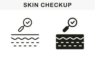 Skincare Treatment. Skin Checkup Line and Silhouette Black Icon Set. Checked Clean Skin Layer Symbol Collection. Magnifying Glass for Skin Problem Research Pictogram. Isolated Vector Illustration.