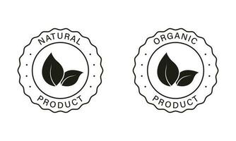 natural y ecológico productos, vegano comida pegatinas bio sano eco comida señales. orgánico comida etiqueta colocar. 100 por ciento orgánico negro iconos aislado vector ilustración.