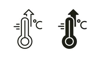 High Temperature Scale Line and Silhouette Icon Set. Flu, Cold, Virus, Fever Symptoms Symbol Collection. Thermometer with Arrow Up Pictogram. Increased Temperature of Human Body. Vector illustration.