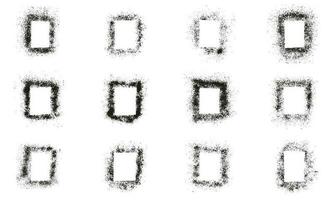 Square Spray Frame Set. Black Grunge Border with Grainy Texture Collection. Paint Brush Grain in Rectangle Shape on White Background. Abstract Graphic Design Element. Isolated Vector Illustration.