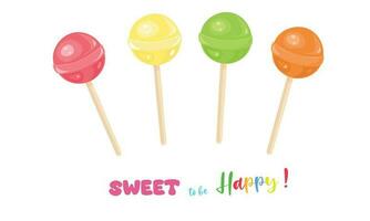 Sweet lollipop vector set. Colorful striped lollipops with various spiral and ray patterns. Multicolored round candy on stick vector illustration in cartoon style isolated on white.