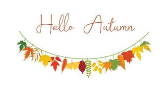 Hello autumn vector.  Autumn design template for decoration, sale banner, advertisement, greeting card and media content. Autumn element illustration. Hello autumn lettering vector isolated on white.