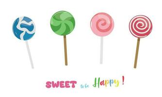 Sweet lollipop vector set. Colorful striped lollipops with various spiral and ray patterns. Multicolored round candy on stick vector illustration in cartoon style isolated on white.