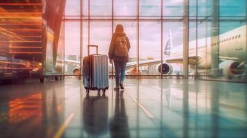 Rear view of traveler woman with backpack and luggage walking in airport terminal. Generative AI. photo