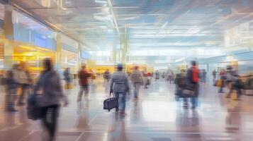 borroso antecedentes de viajeros o turistas caminando en internacional terminal a el aeropuerto en un corriendo hora. generativo ai. foto