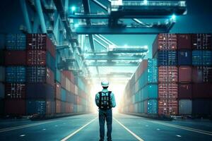 Engineer worker standing on containers terminal background. Warehouse logistic in cargo freight ship for import export in harbor. Global business logistics and transport background. Generative AI. photo