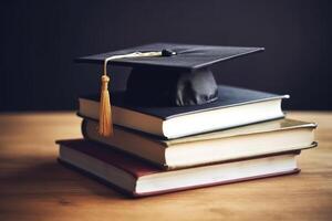 apilar de libros y graduación gorra. ai generado foto