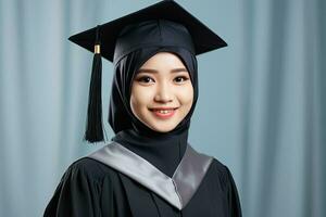 asian muslim woman wearing graduation gown and cap. AI Generated photo