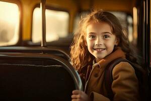 little girl standing in a school bus.. AI generated photo