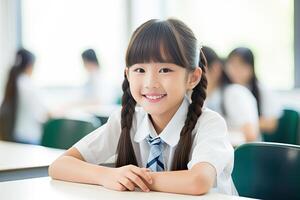 asiático Chica de escuela sonriente en aula. ai generado foto