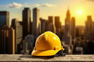 construction helmet with cityscape background for labor day. AI Generated photo