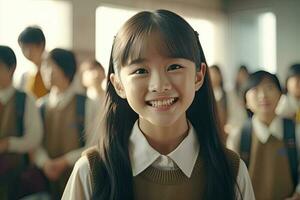 asiático Chica de escuela sonriente en aula. ai generado foto
