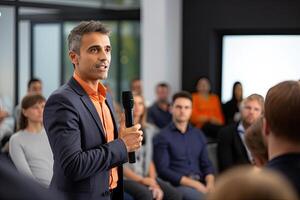man using microphone during business meeting. photo