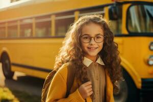 schoolgirl in eyeglasses standing near school bus. AI generated photo