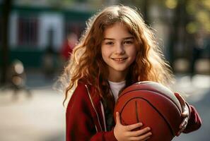 niña participación baloncesto. ai generado foto