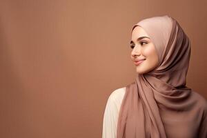 Asian muslim woman wearing hijab smiling with copy space. AI generated photo