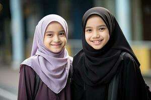 dos musulmán muchachas en hijab sonriente. ai generado foto