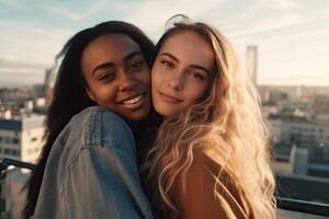 two multiracial friends. AI generated photo