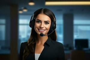 mujer vistiendo auriculares, en un oficina ajuste. ai generado foto