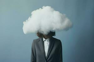 businesswoman with clouds covering her head, cloudy judgment. AI generated photo
