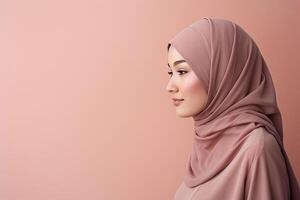 Hijab woman with blank space Isolated on pink background. AI Generated photo