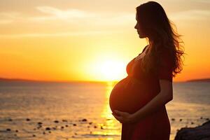 Pregnant woman at the beach during sunset. AI generated photo