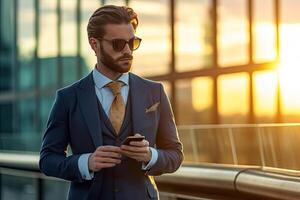 Businessman in sunglasses using his mobile phone while standing outdoors. AI generated photo