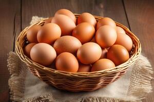Eggs in a wicker basket on a wooden background. photo