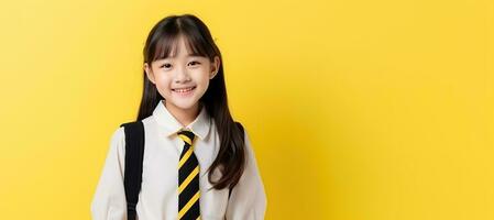 asiático pequeño niña en colegio uniforme con amarillo antecedentes. ai generado foto