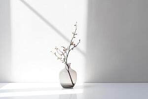 transparent vase with a twig on a white background. photo