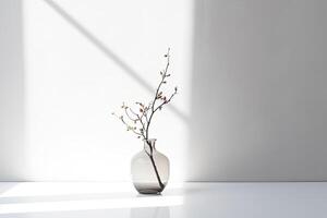 transparent vase with a twig on a white background. AI generated photo