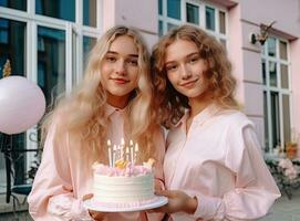 dos hermosa muchachas en rosado vestir con cumpleaños pastel en el antecedentes de el ciudad. ai generado foto