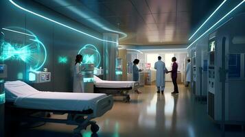 futurista cuidado de la salud habitación a moderno hospital. ai generado foto