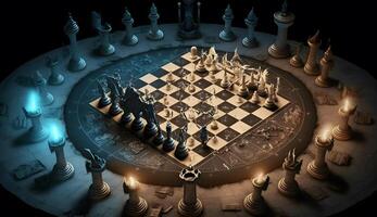 Ancient chess pieces on chessboard. Fantastic battlefield. AI generated photo