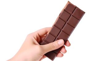 Chocolate bar held by hand. Isolated on white. AI generated photo