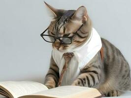 Cute pet cat with eyeglasses and opened book. AI generated. photo