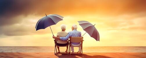 Elderly couple sitting at sunset beach. Concept of elderly love. AI generated photo