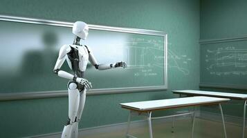 Teaching robot and chalkboard in the classroom. AI teacher concept. AI generated photo