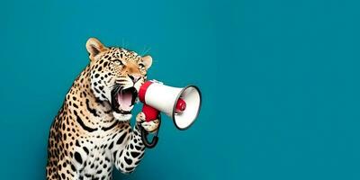 Leopard announcing using hand speaker. Notifying, warning, announcement photo