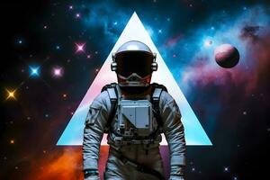 Spaceman or astronaut with triangular shape neon lights. AI generated. photo