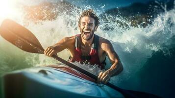 Happy and excited man riding small boat through the waves photo