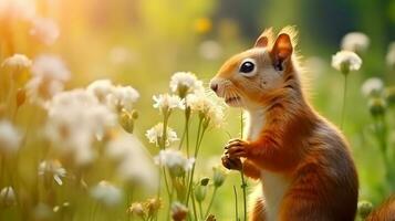 linda ardilla y hermosa flores en el jardín. ai generado foto