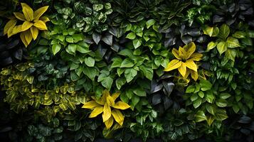 maravilloso vertical jardín antecedentes presentando lozano plantas en contra un cautivador pared fondo. Perfecto para agregando un toque de naturaleza a tu proyectos ai generado foto