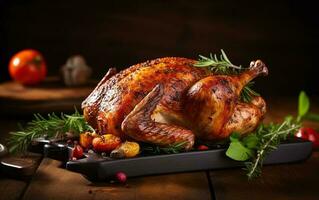 Roasted turkey with Christmas dinner vegetables on a plate. Perfect for Thanksgiving. AI Generated photo