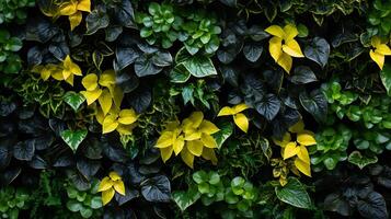 maravilloso vertical jardín antecedentes presentando lozano plantas en contra un cautivador pared fondo. Perfecto para agregando un toque de naturaleza a tu proyectos ai generado foto