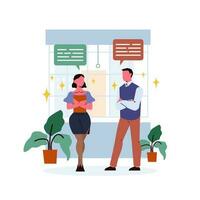 Businessman and businesswoman in office flat vector illustration. Man and woman standing near window, talking and discussing. Teamwork concept for banner, website design or landing web page