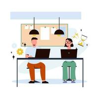 Man and woman working at the computer. Vector illustration in flat style